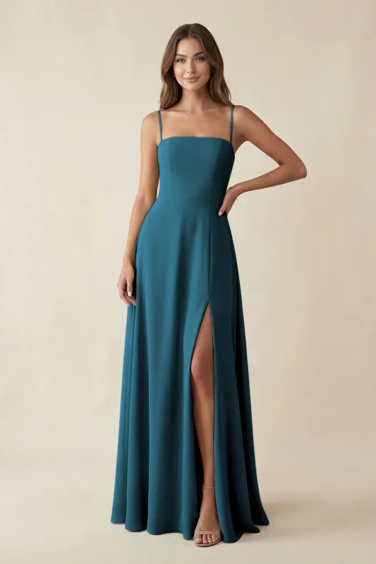 Spaghetti Strap A-Line Chiffon Maxi Bridesmaid Dress in Dark Teal made by KissProm