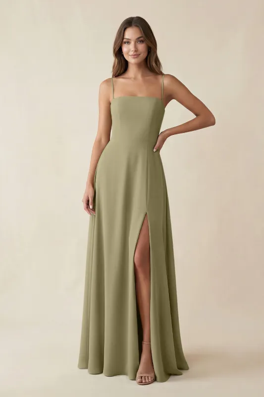 Spaghetti Strap A-Line Chiffon Maxi Bridesmaid Dress in Thyme made by KissProm