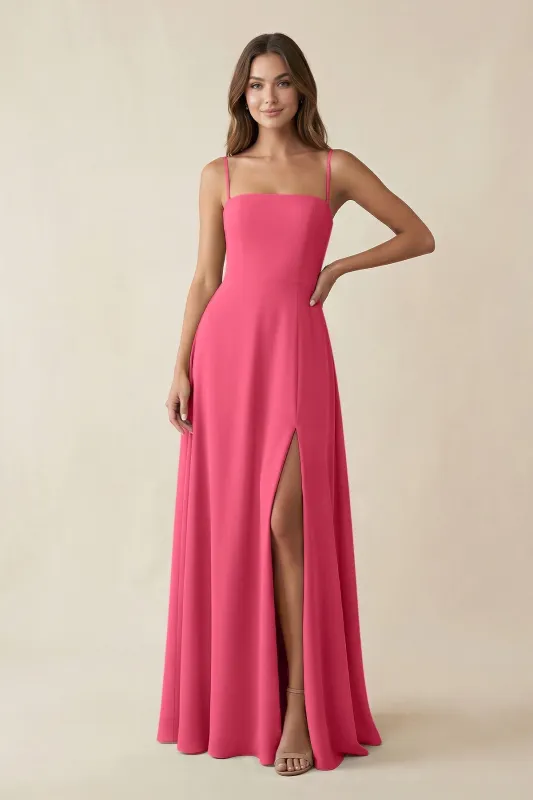 Spaghetti Strap A-Line Chiffon Maxi Bridesmaid Dress in Fuchsia made by KissProm