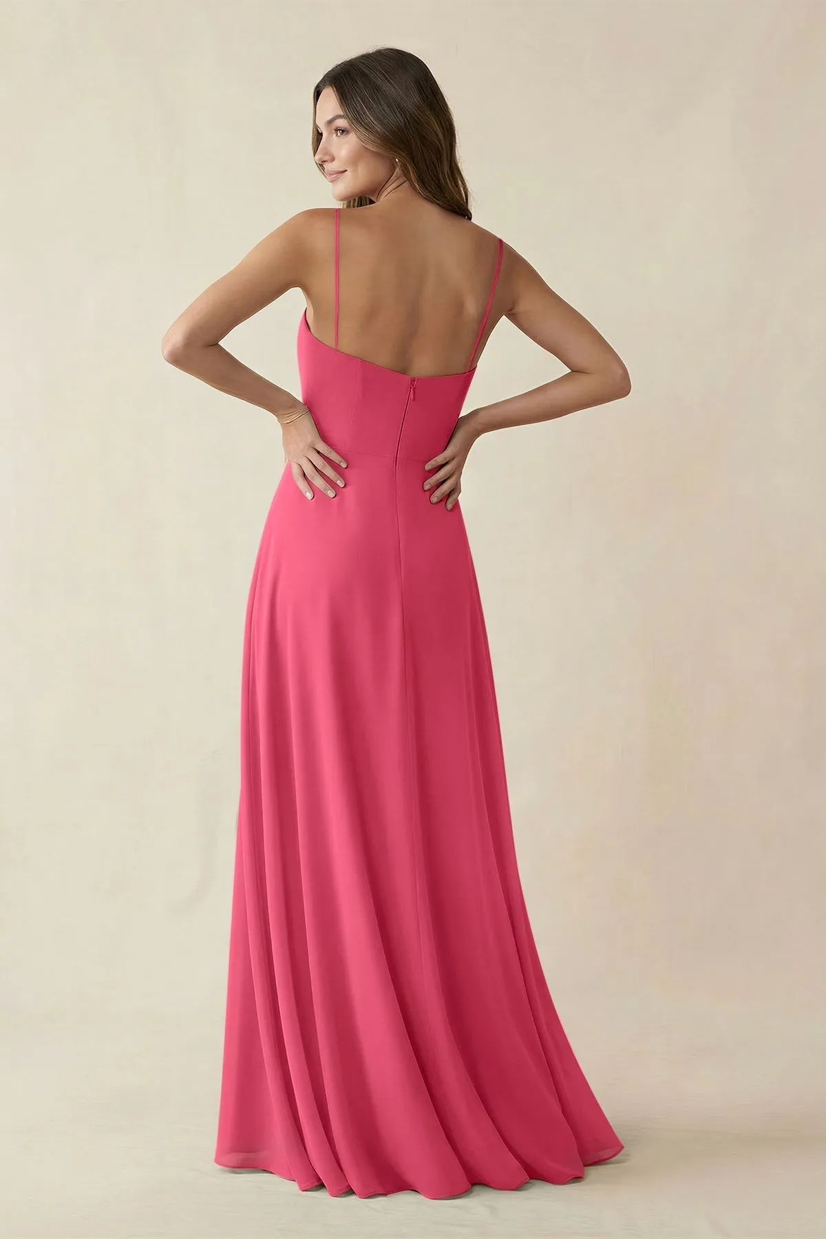 Spaghetti Strap A-Line Chiffon Maxi Bridesmaid Dress in Fuchsia sold by KissProm product image thumbnail 2