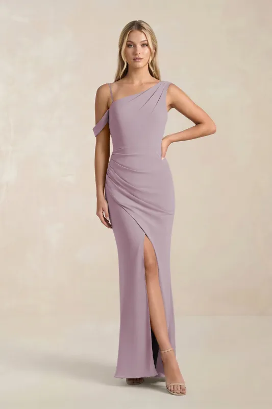 One-Shoulder Sheath Ruched Bridesmaid Dress With Slit in Dusk made by KissProm