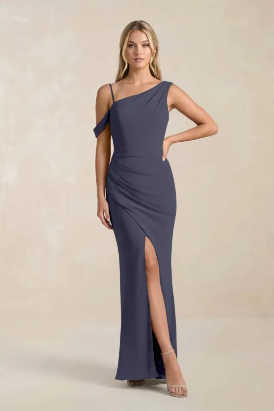 One-Shoulder Sheath Ruched Bridesmaid Dress With Slit in Dusk Blue made by KissProm
