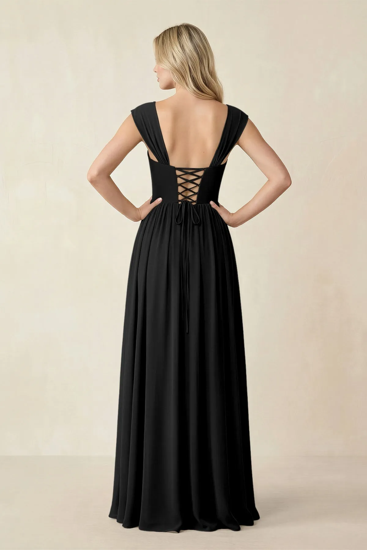 Cap Sleeve Corset A-Line Chiffon Bridesmaid Dress in Black sold by KissProm product image thumbnail 2