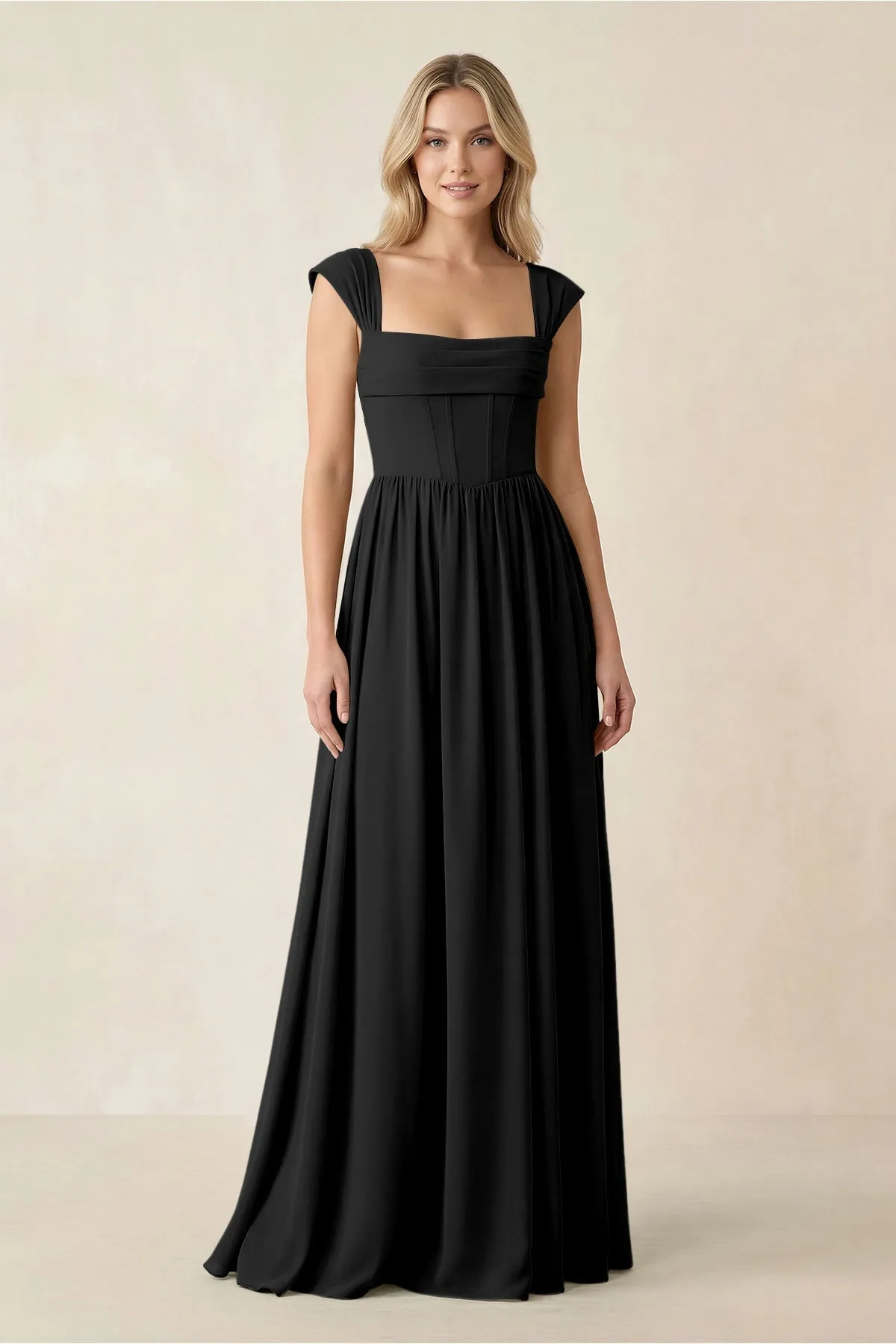 Cap Sleeve Corset A-Line Chiffon Bridesmaid Dress in Black sold by KissProm
