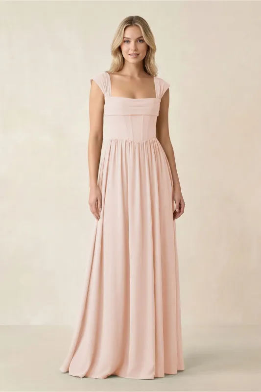 Cap Sleeve Corset A-Line Chiffon Bridesmaid Dress in Pale Blush made by KissProm