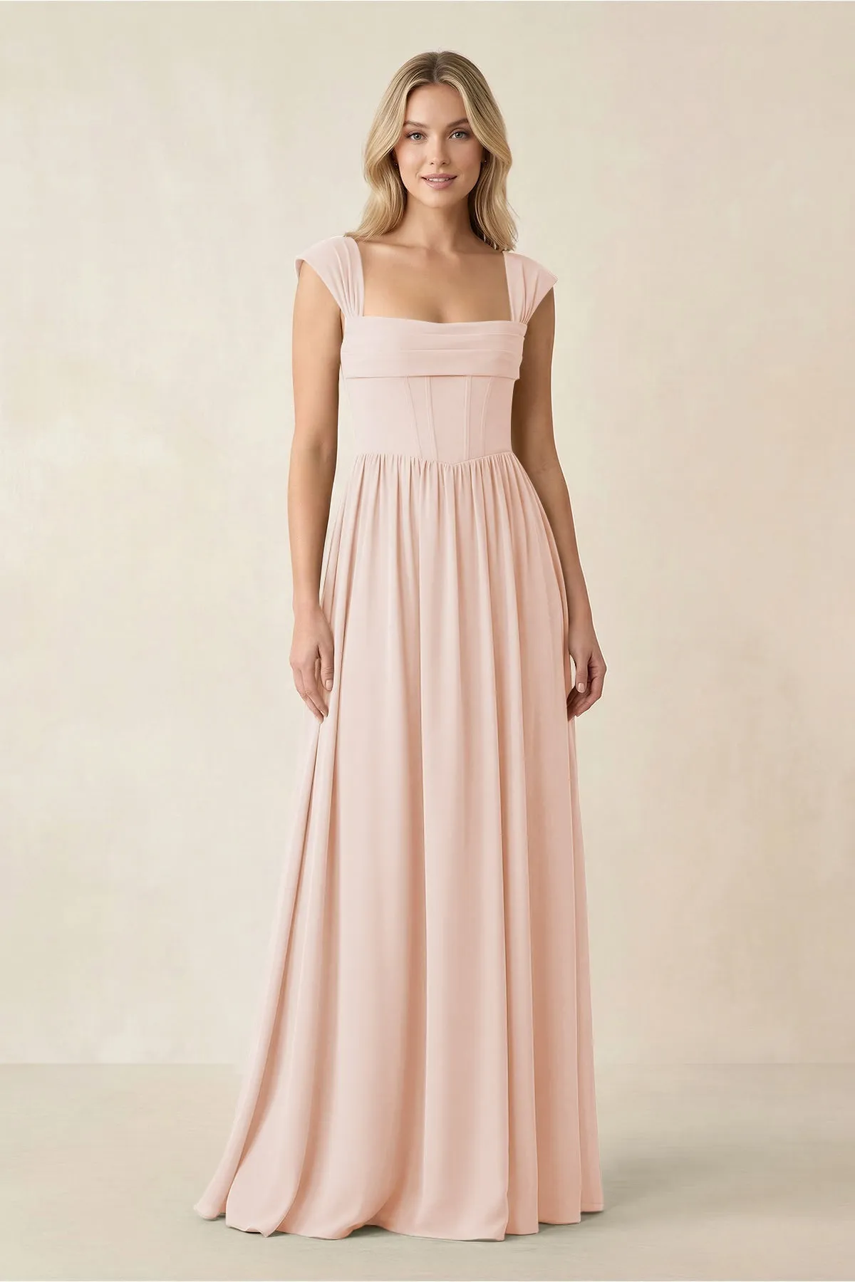Cap Sleeve Corset A-Line Chiffon Bridesmaid Dress in Pale Blush sold by KissProm