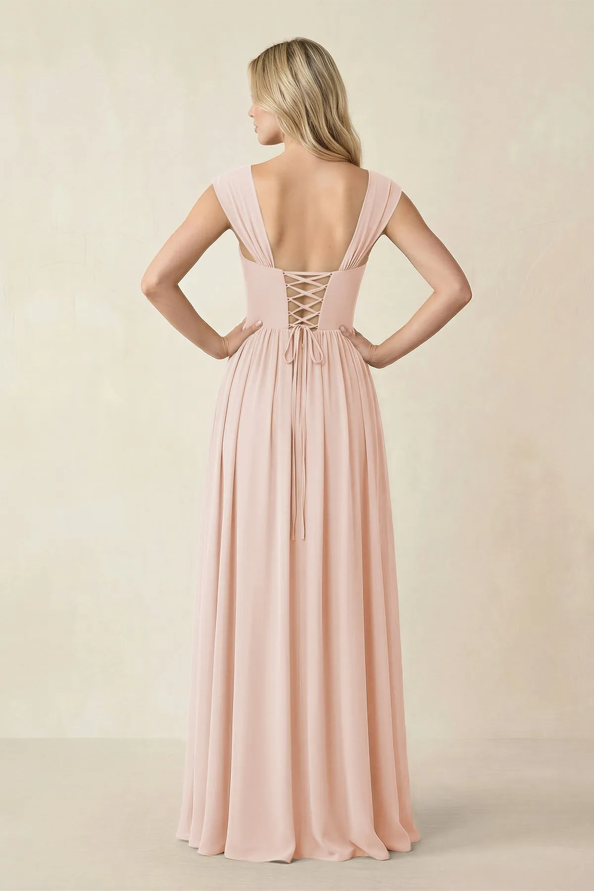 Cap Sleeve Corset A-Line Chiffon Bridesmaid Dress in Pale Blush sold by KissProm product image thumbnail 2