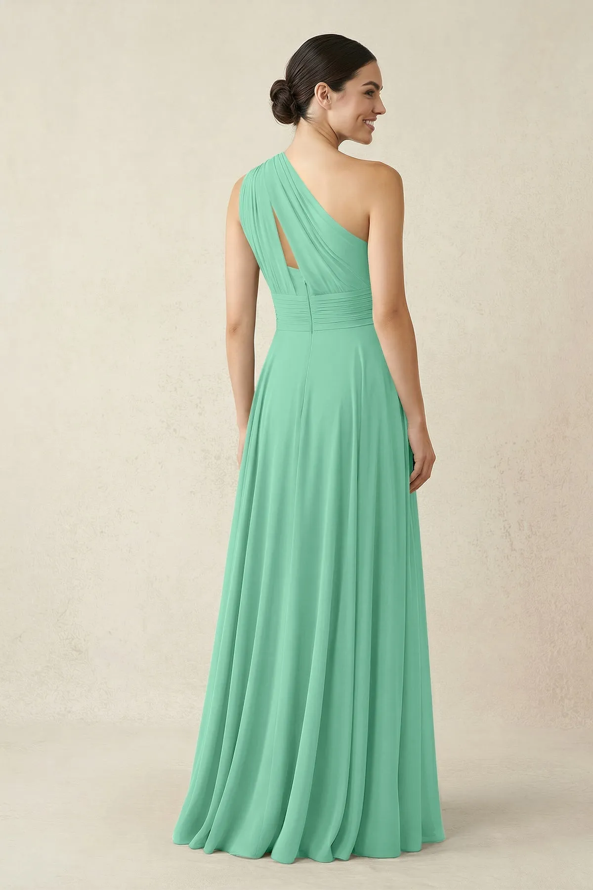 One-Shoulder A-Line Pleated Chiffon Bridesmaid Dress in Turquoise sold by KissProm product image thumbnail 2