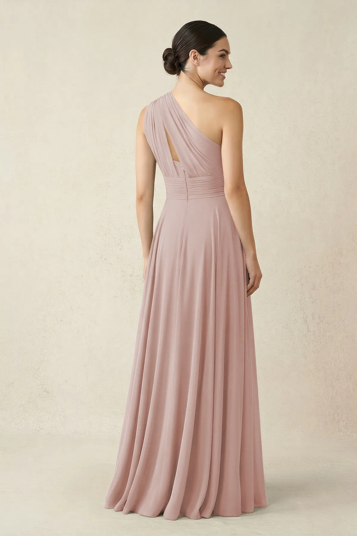 One-Shoulder A-Line Pleated Chiffon Bridesmaid Dress in Toffee sold by KissProm product image thumbnail 2
