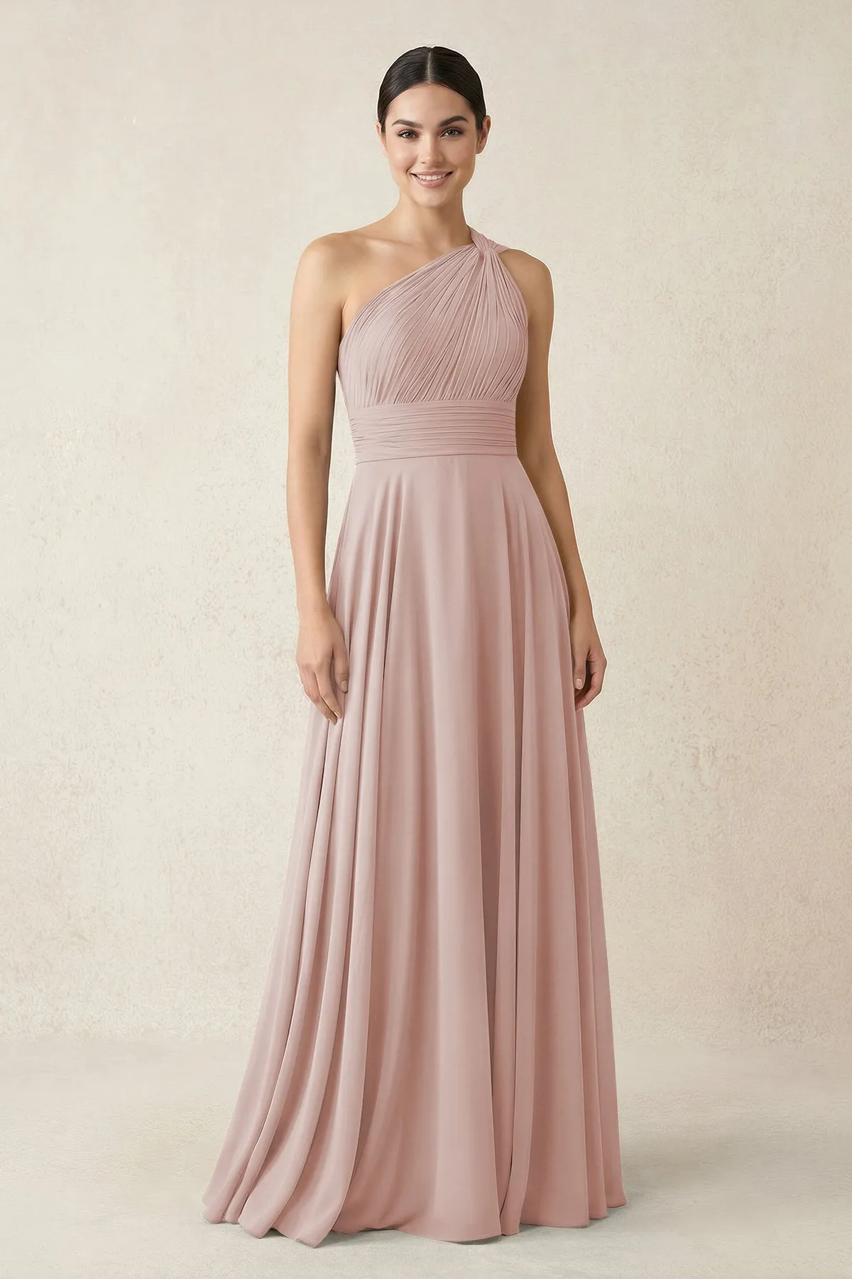 One-Shoulder A-Line Pleated Chiffon Bridesmaid Dress in Toffee sold by KissProm