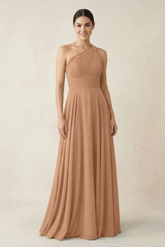 One-Shoulder A-Line Pleated Chiffon Bridesmaid Dress in Bronzer made by KissProm