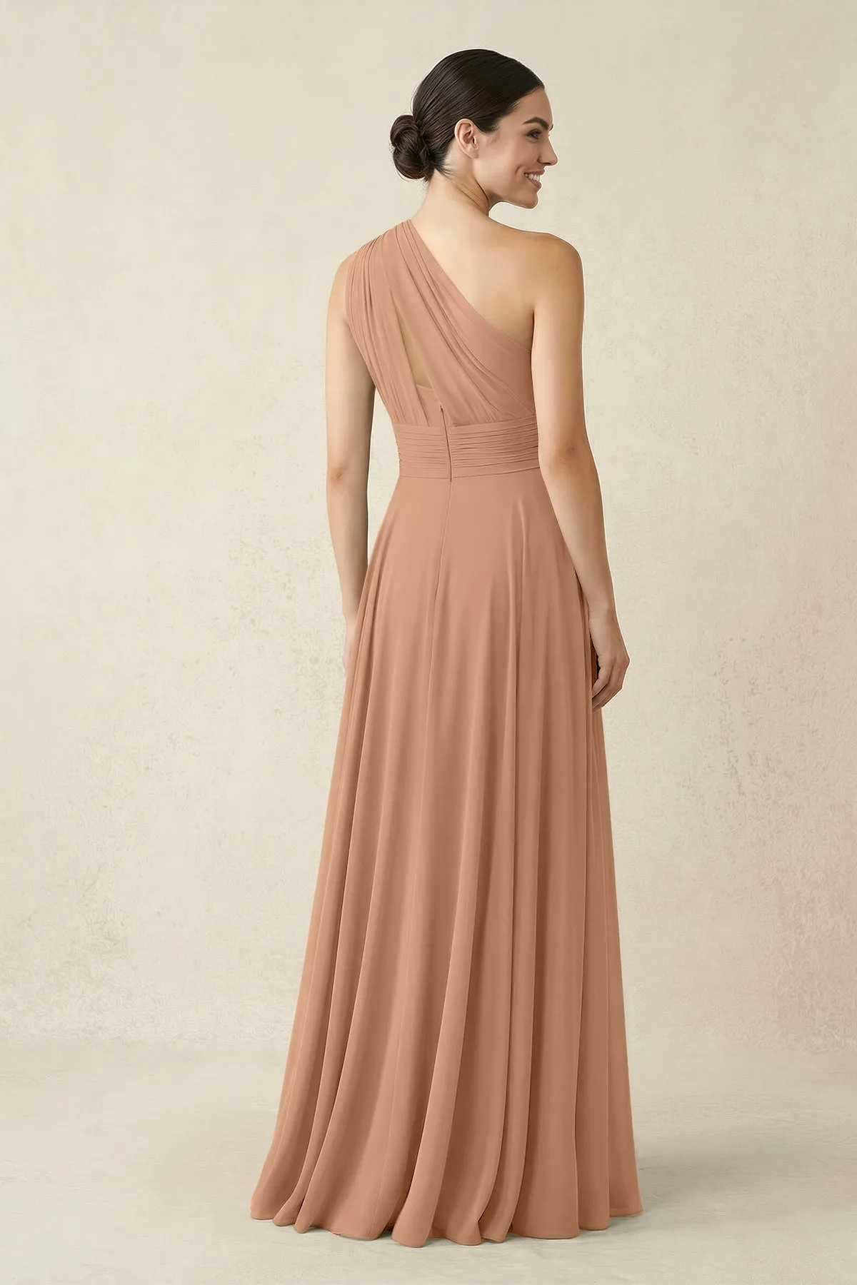 One-Shoulder A-Line Pleated Chiffon Bridesmaid Dress in Bronzer sold by KissProm product image thumbnail 2