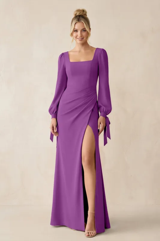 Square Neck Long Sleeve Sheath Chiffon Bridesmaid Dress in Amethyst made by KissProm
