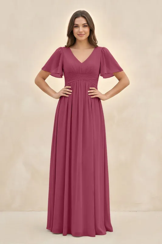 Short Sleeve Chiffon V-Neck A-Line Bridesmaid Dress in Desert Rose made by KissProm