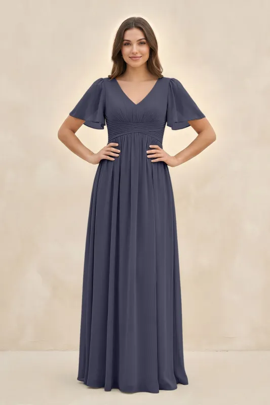 Short Sleeve Chiffon V-Neck A-Line Bridesmaid Dress in Dusk Blue made by KissProm