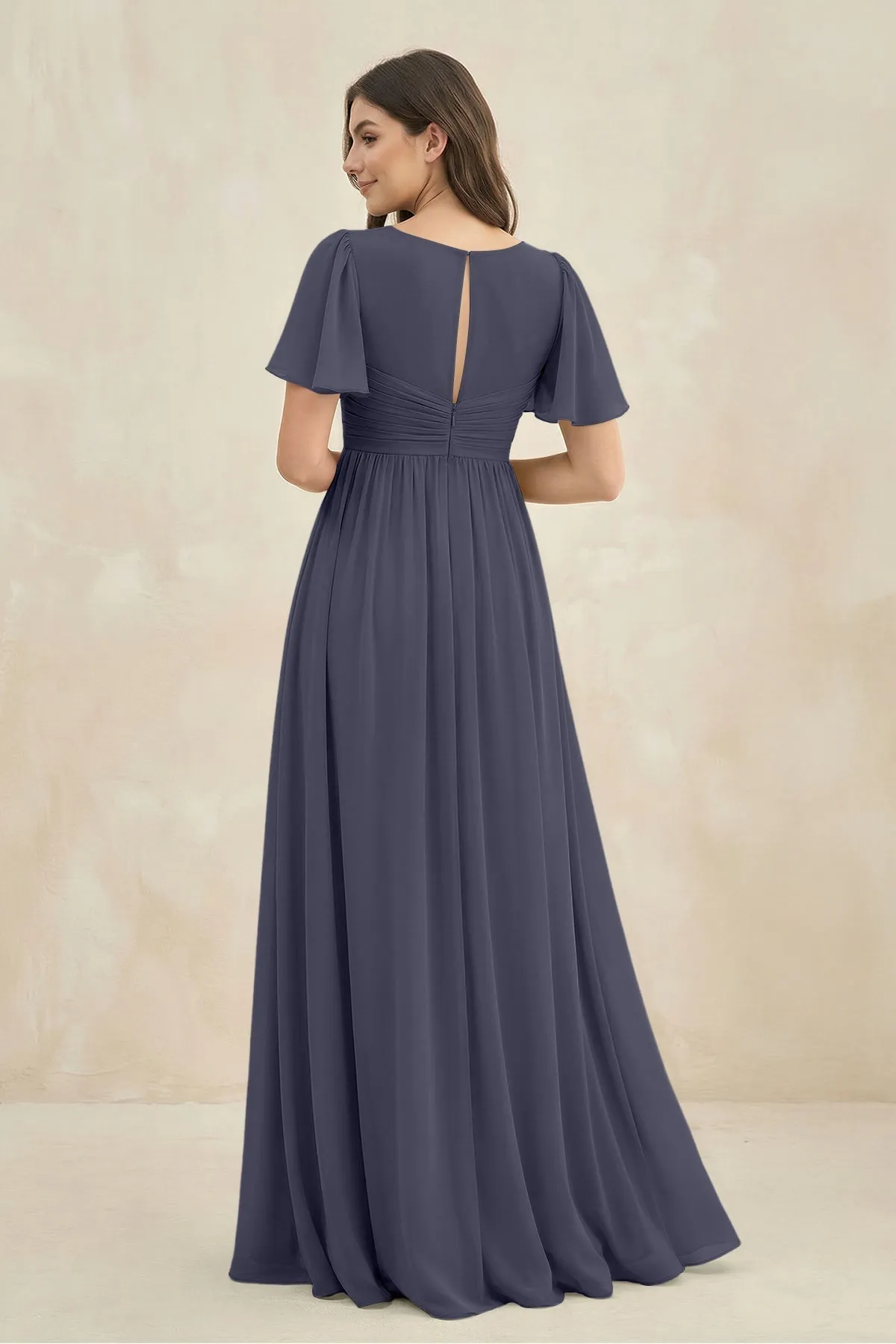 Short Sleeve Chiffon V-Neck A-Line Bridesmaid Dress in Dusk Blue sold by KissProm product image thumbnail 2