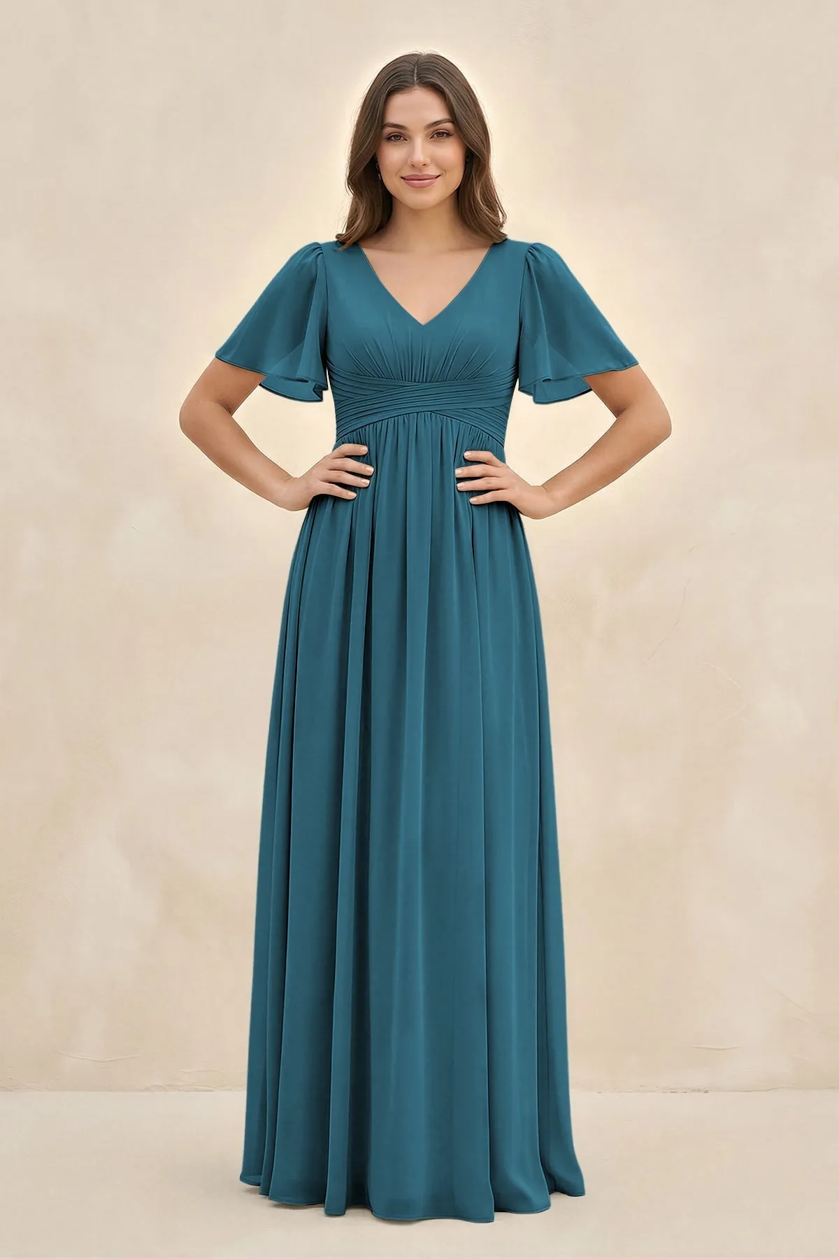 Short Sleeve Chiffon V-Neck A-Line Bridesmaid Dress in Dark Teal sold by KissProm