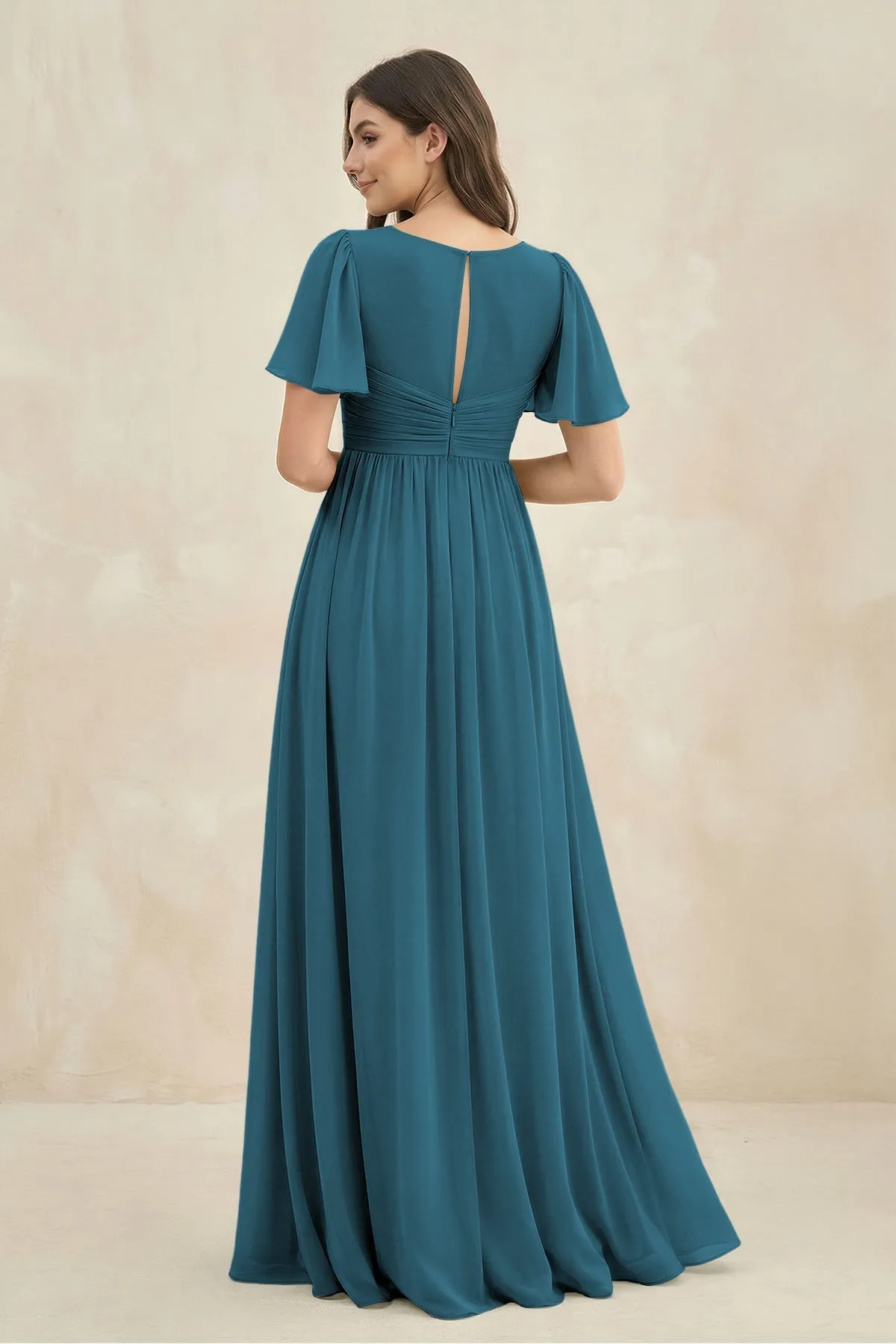 Short Sleeve Chiffon V-Neck A-Line Bridesmaid Dress in Dark Teal sold by KissProm product image thumbnail 2
