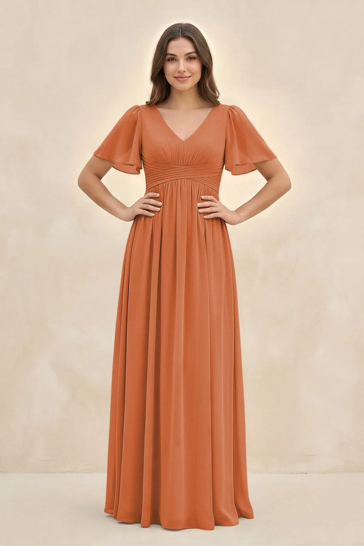 Short Sleeve Chiffon V-Neck A-Line Bridesmaid Dress in Terracotta sold by KissProm