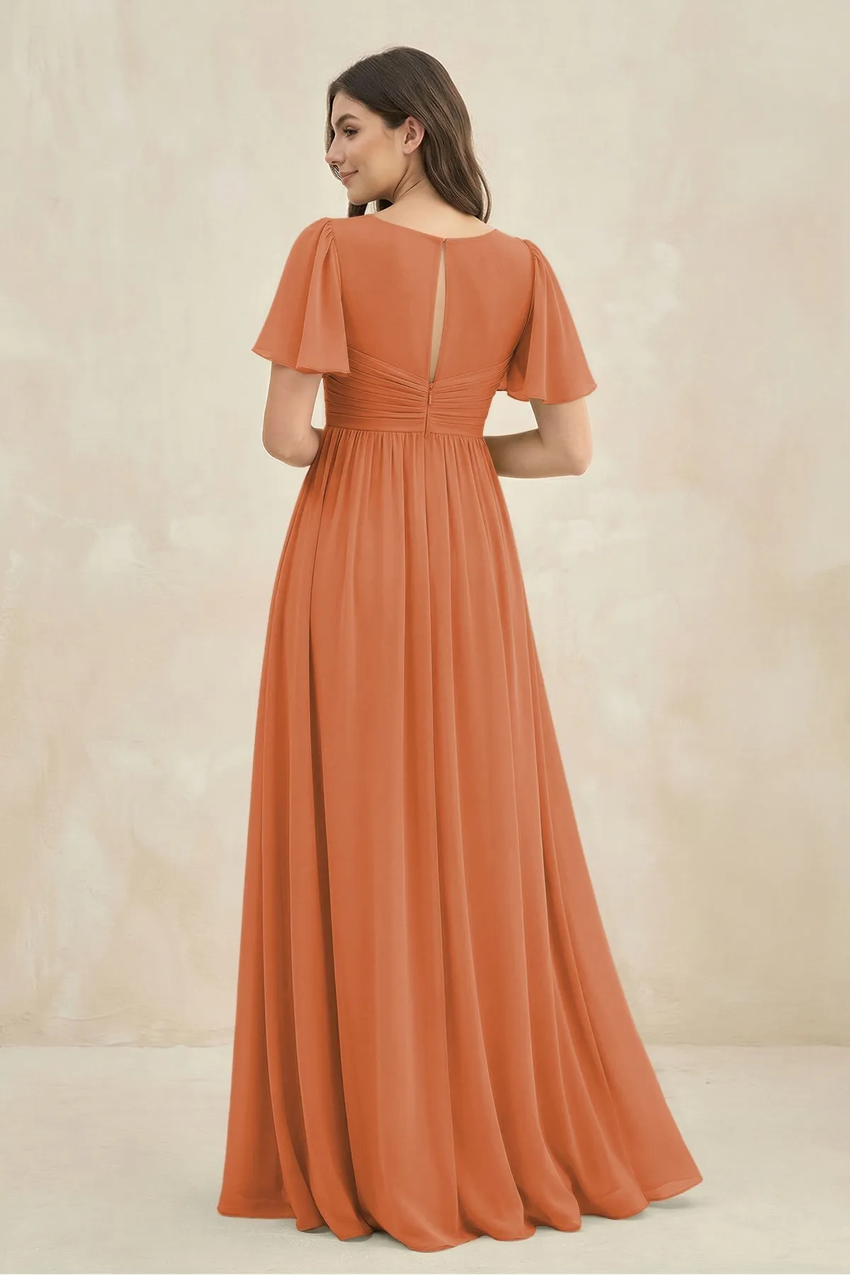 Short Sleeve Chiffon V-Neck A-Line Bridesmaid Dress in Terracotta sold by KissProm product image thumbnail 2
