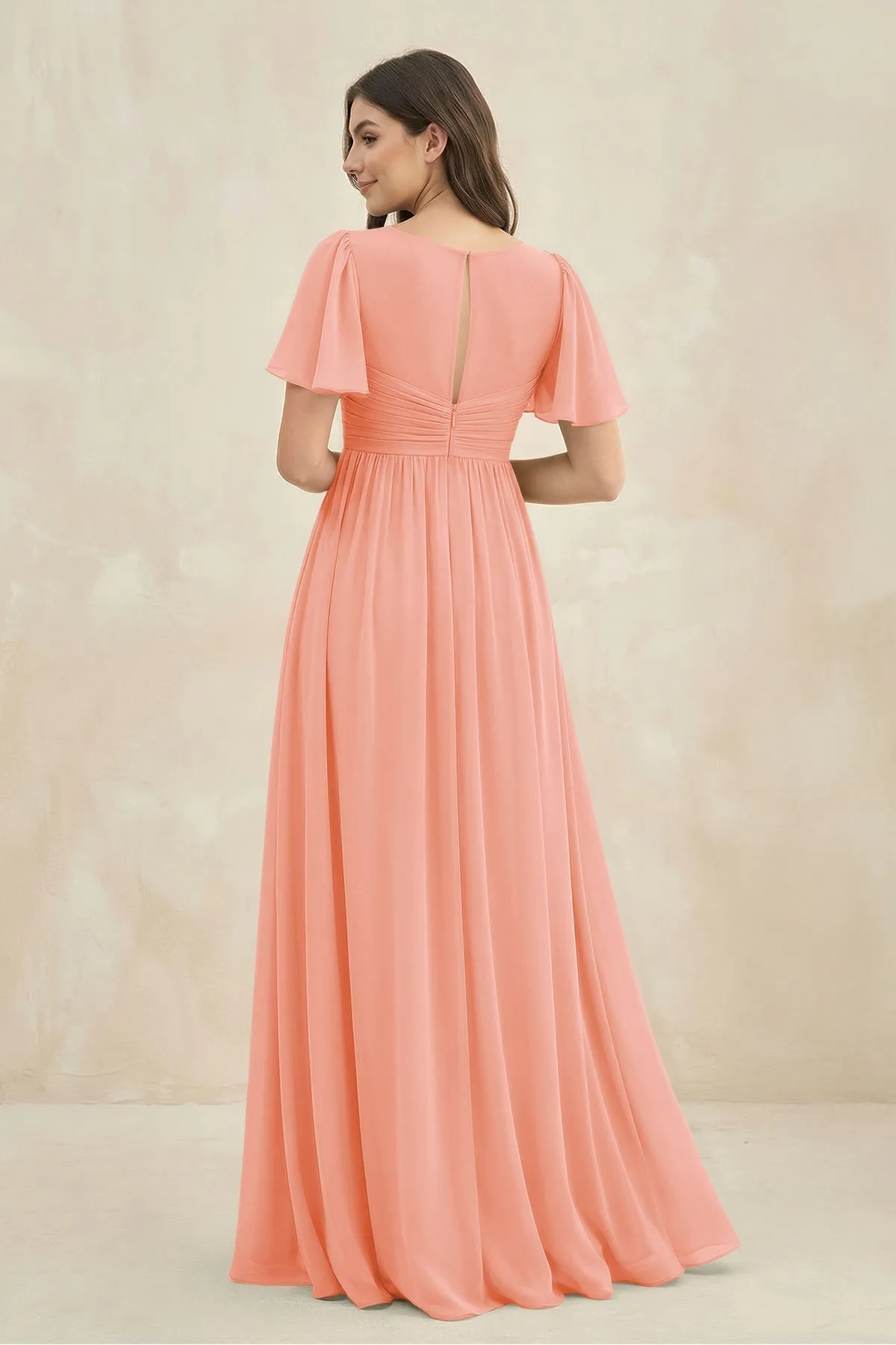 Short Sleeve Chiffon V-Neck A-Line Bridesmaid Dress in Rosette sold by KissProm product image thumbnail 2