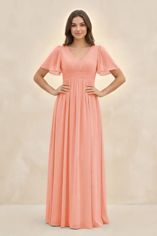Short Sleeve Chiffon V-Neck A-Line Bridesmaid Dress in Rosette made by KissProm