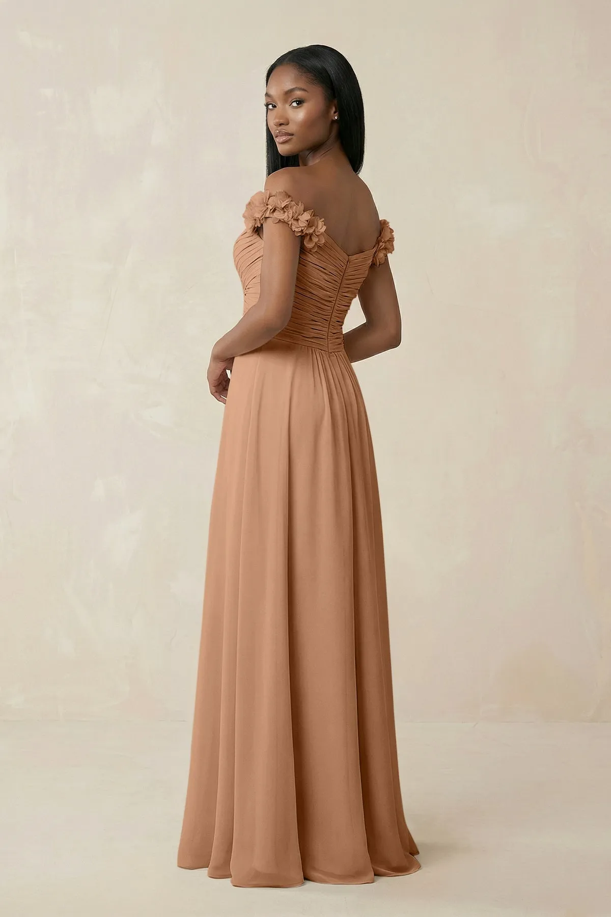 Pleated Off-the-Shoulder A-Line Chiffon Bridesmaid Dress in Bronzer sold by KissProm product image thumbnail 2