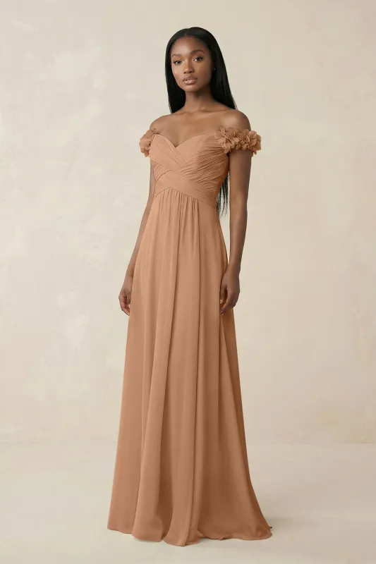 Pleated Off-the-Shoulder A-Line Chiffon Bridesmaid Dress in Bronzer made by KissProm