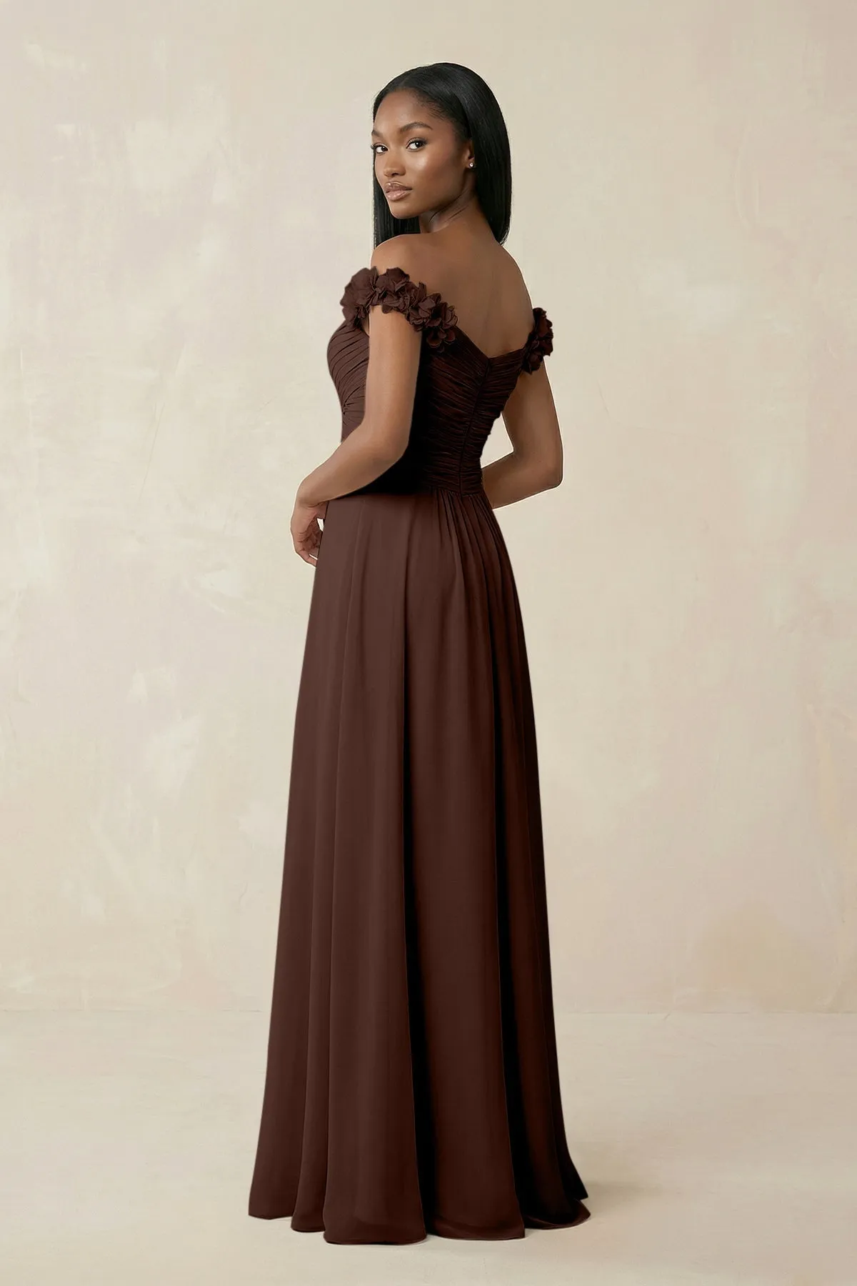 Pleated Off-the-Shoulder A-Line Chiffon Bridesmaid Dress in Espresso sold by KissProm product image thumbnail 2