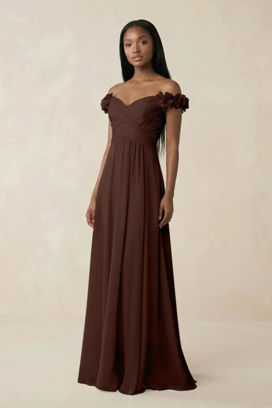 Pleated Off-the-Shoulder A-Line Chiffon Bridesmaid Dress in Espresso made by KissProm