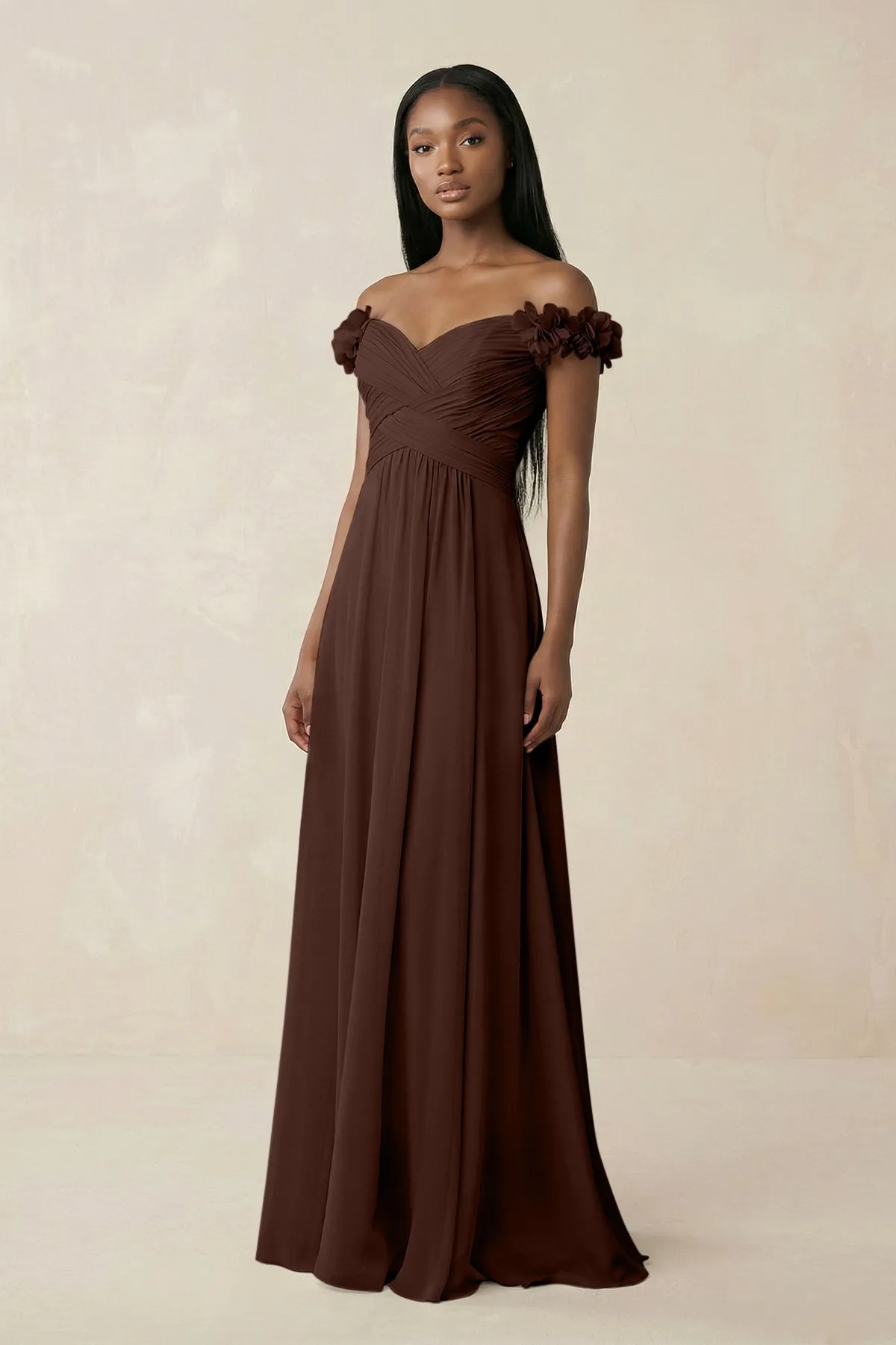 Pleated Off-the-Shoulder A-Line Chiffon Bridesmaid Dress in Espresso sold by KissProm