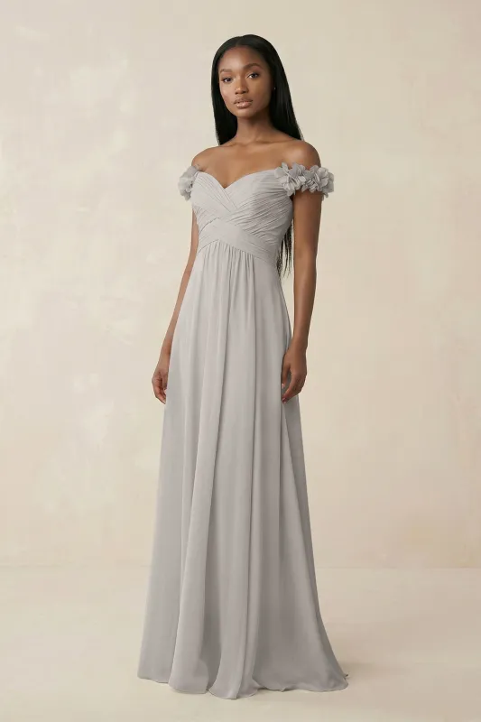 Pleated Off-the-Shoulder A-Line Chiffon Bridesmaid Dress in Silver made by KissProm