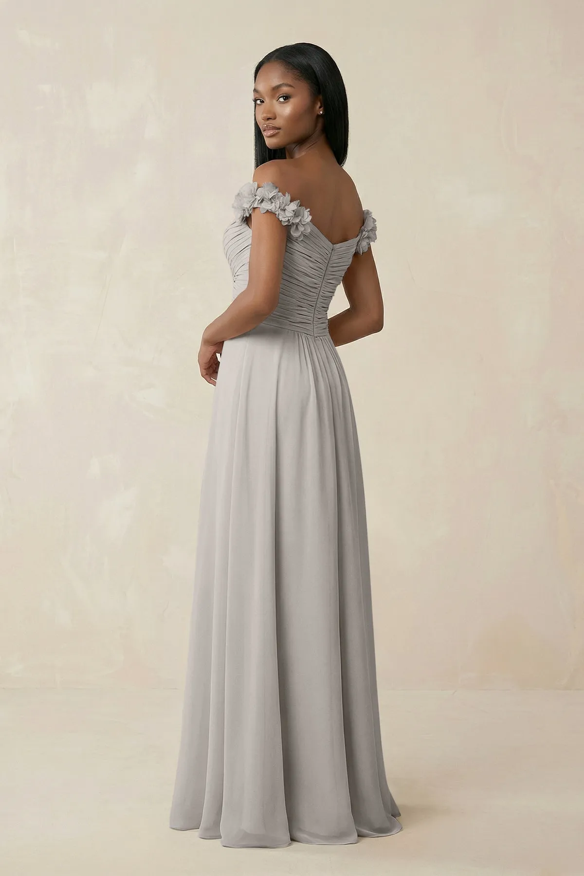 Pleated Off-the-Shoulder A-Line Chiffon Bridesmaid Dress in Silver sold by KissProm product image thumbnail 2