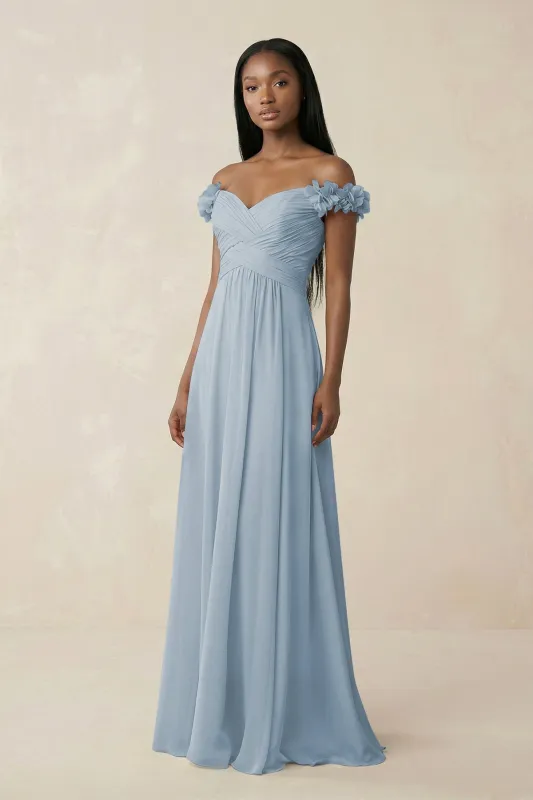 Pleated Off-the-Shoulder A-Line Chiffon Bridesmaid Dress in Dusty Blue made by KissProm