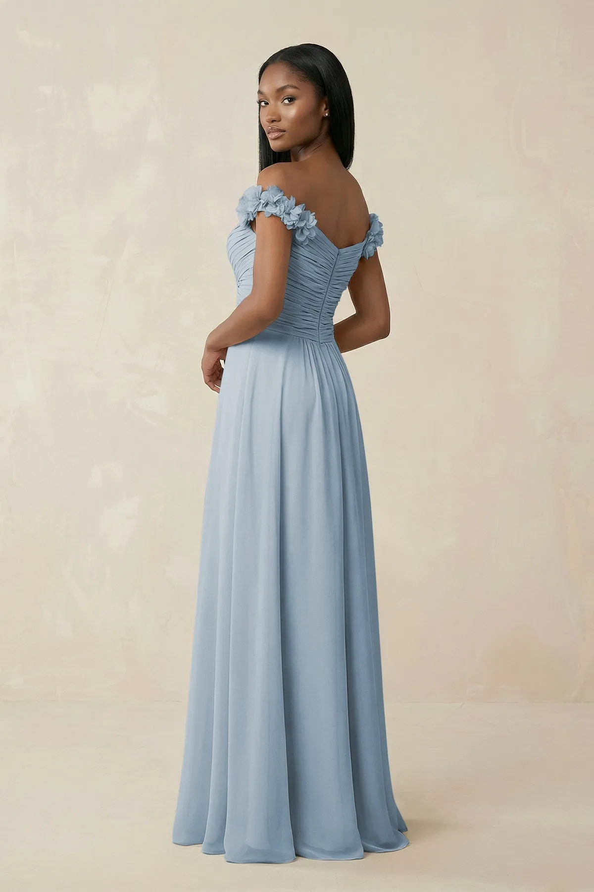 Pleated Off-the-Shoulder A-Line Chiffon Bridesmaid Dress in Dusty Blue sold by KissProm product image thumbnail 2
