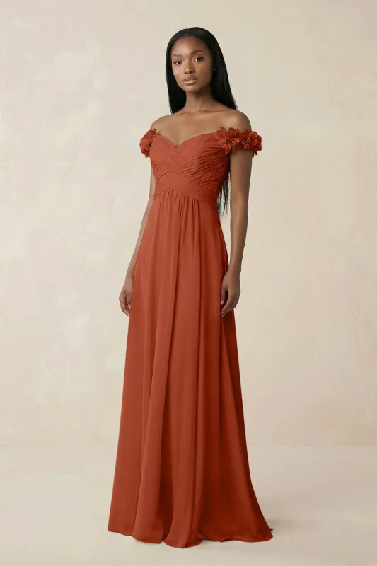 Pleated Off-the-Shoulder A-Line Chiffon Bridesmaid Dress in Spice made by KissProm