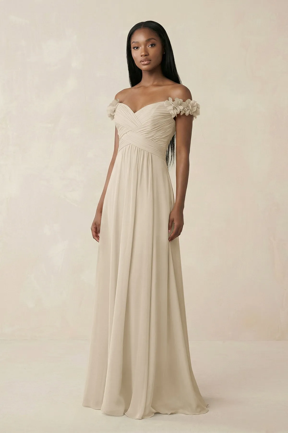 Pleated Off-the-Shoulder A-Line Chiffon Bridesmaid Dress in Champagne sold by KissProm