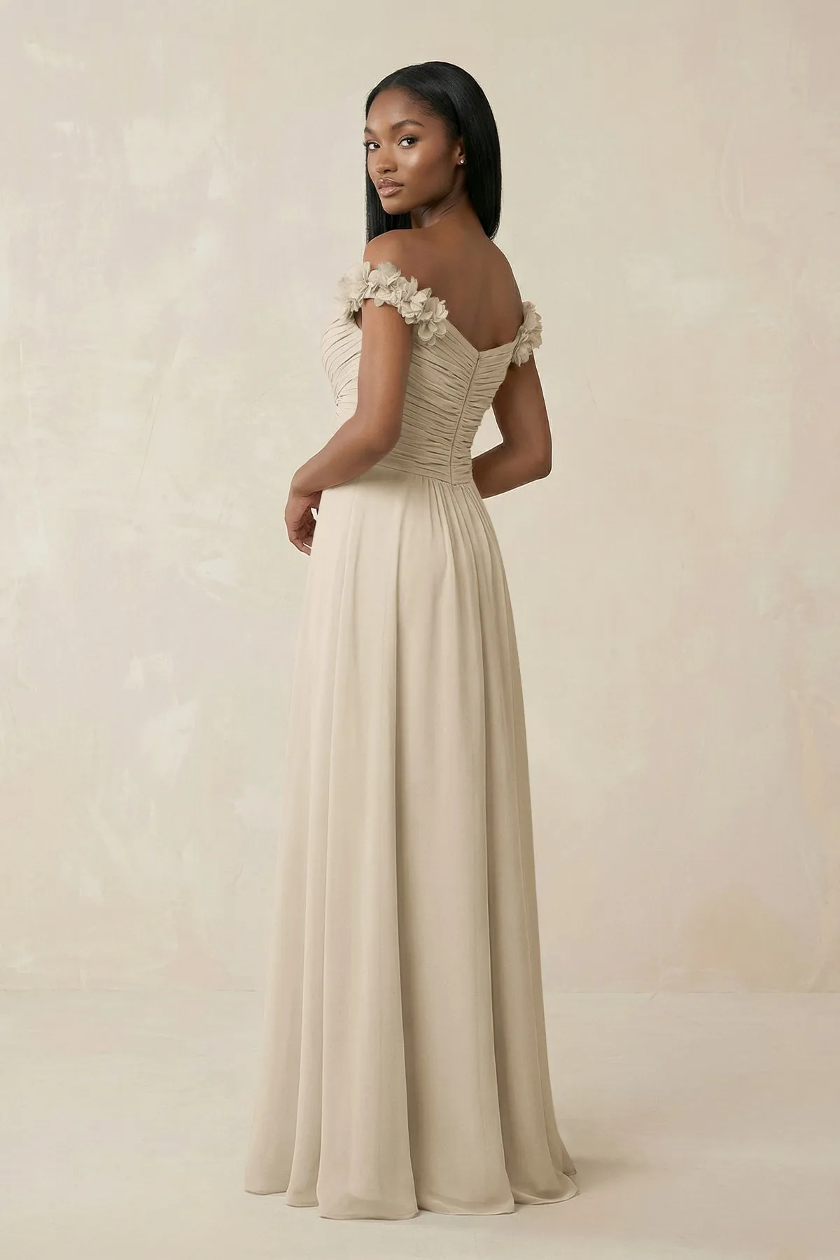 Pleated Off-the-Shoulder A-Line Chiffon Bridesmaid Dress in Champagne sold by KissProm product image thumbnail 2