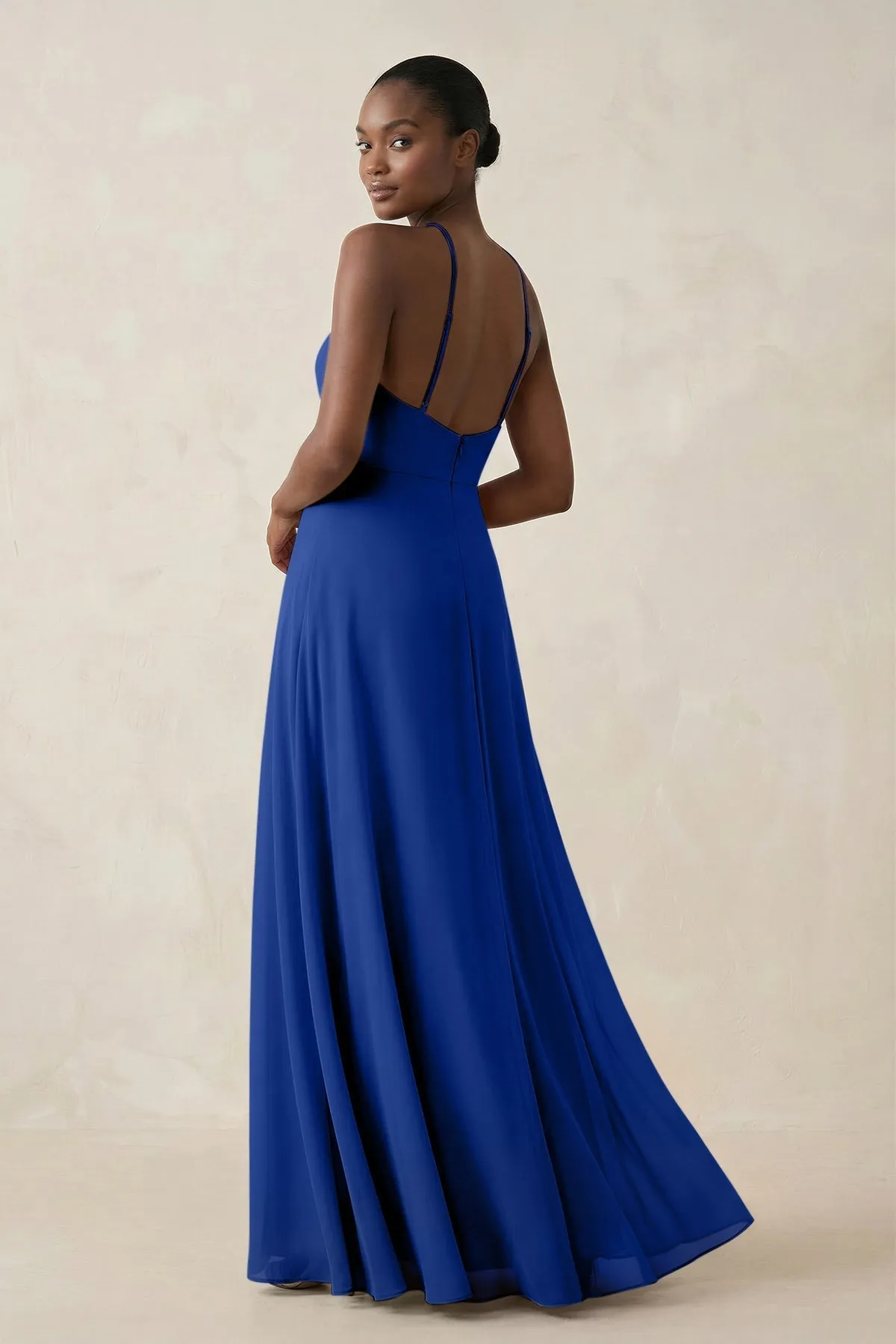 Sheath Halter Chiffon Bridesmaid Dress with Slit in Royal Blue sold by KissProm product image thumbnail 2