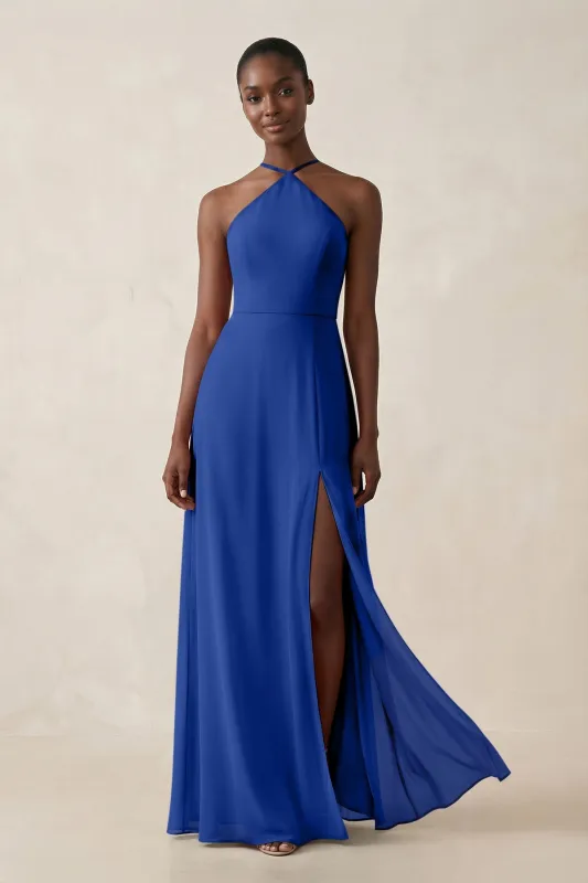 Sheath Halter Chiffon Bridesmaid Dress with Slit in Royal Blue made by KissProm