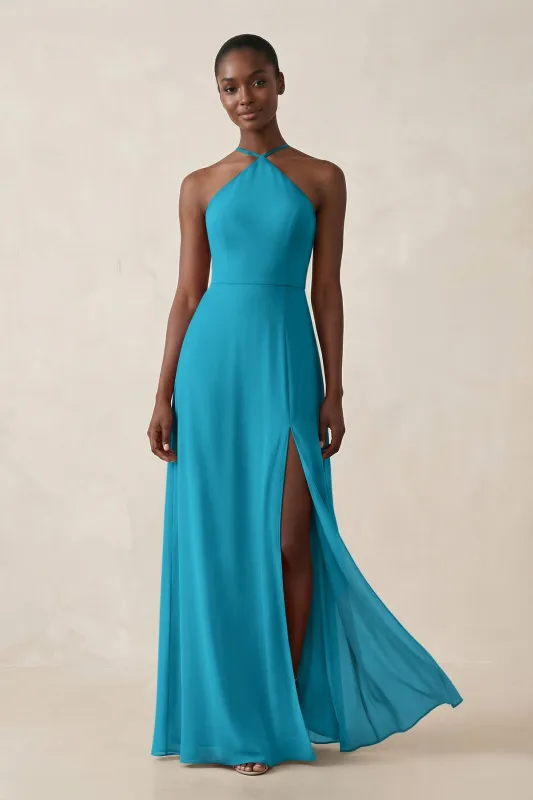 Sheath Halter Chiffon Bridesmaid Dress with Slit in Blue Jay made by KissProm