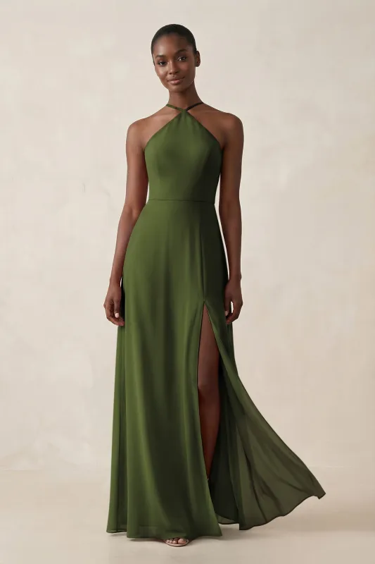 Sheath Halter Chiffon Bridesmaid Dress with Slit in Olive made by KissProm