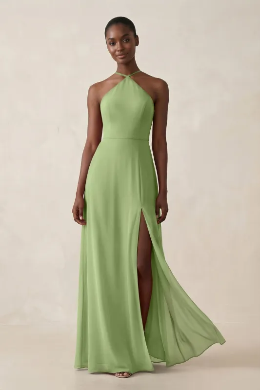 Sheath Halter Chiffon Bridesmaid Dress with Slit in Matcha made by KissProm