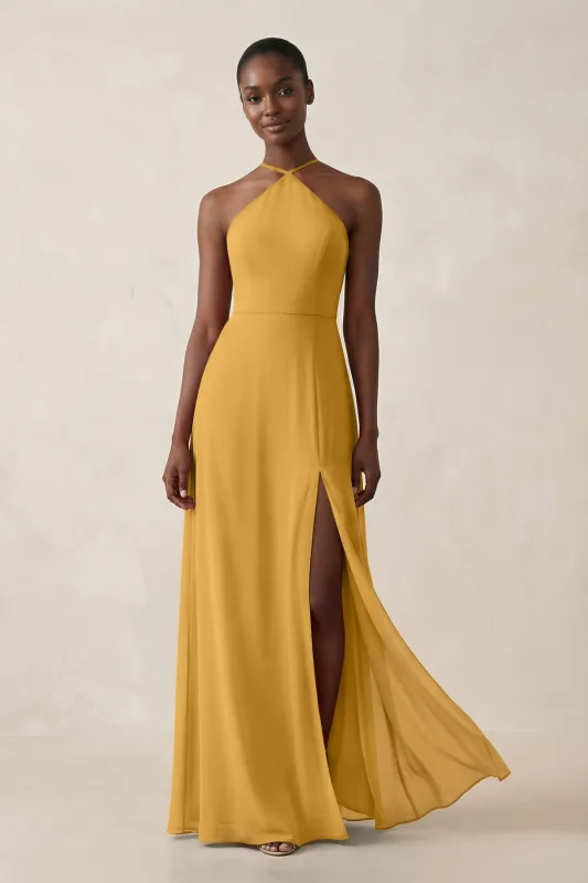 Sheath Halter Chiffon Bridesmaid Dress with Slit in Marigold made by KissProm