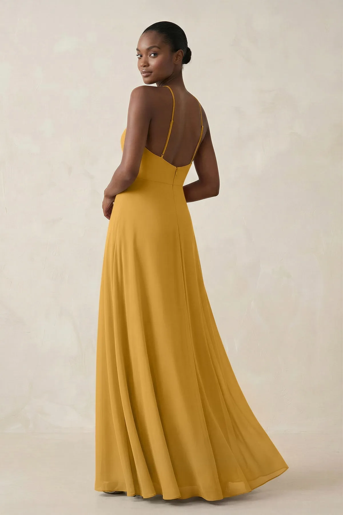 Sheath Halter Chiffon Bridesmaid Dress with Slit in Marigold sold by KissProm product image thumbnail 2