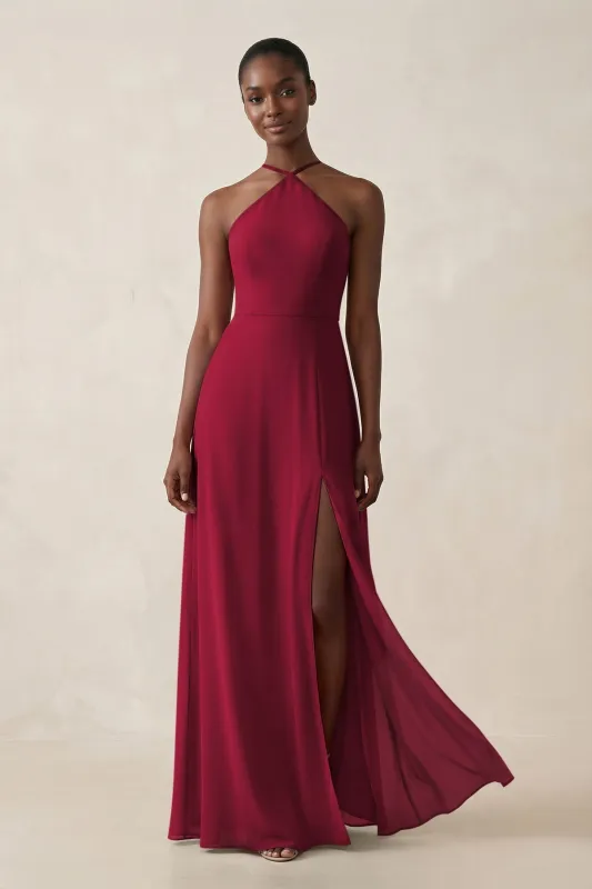 Sheath Halter Chiffon Bridesmaid Dress with Slit in Berry made by KissProm