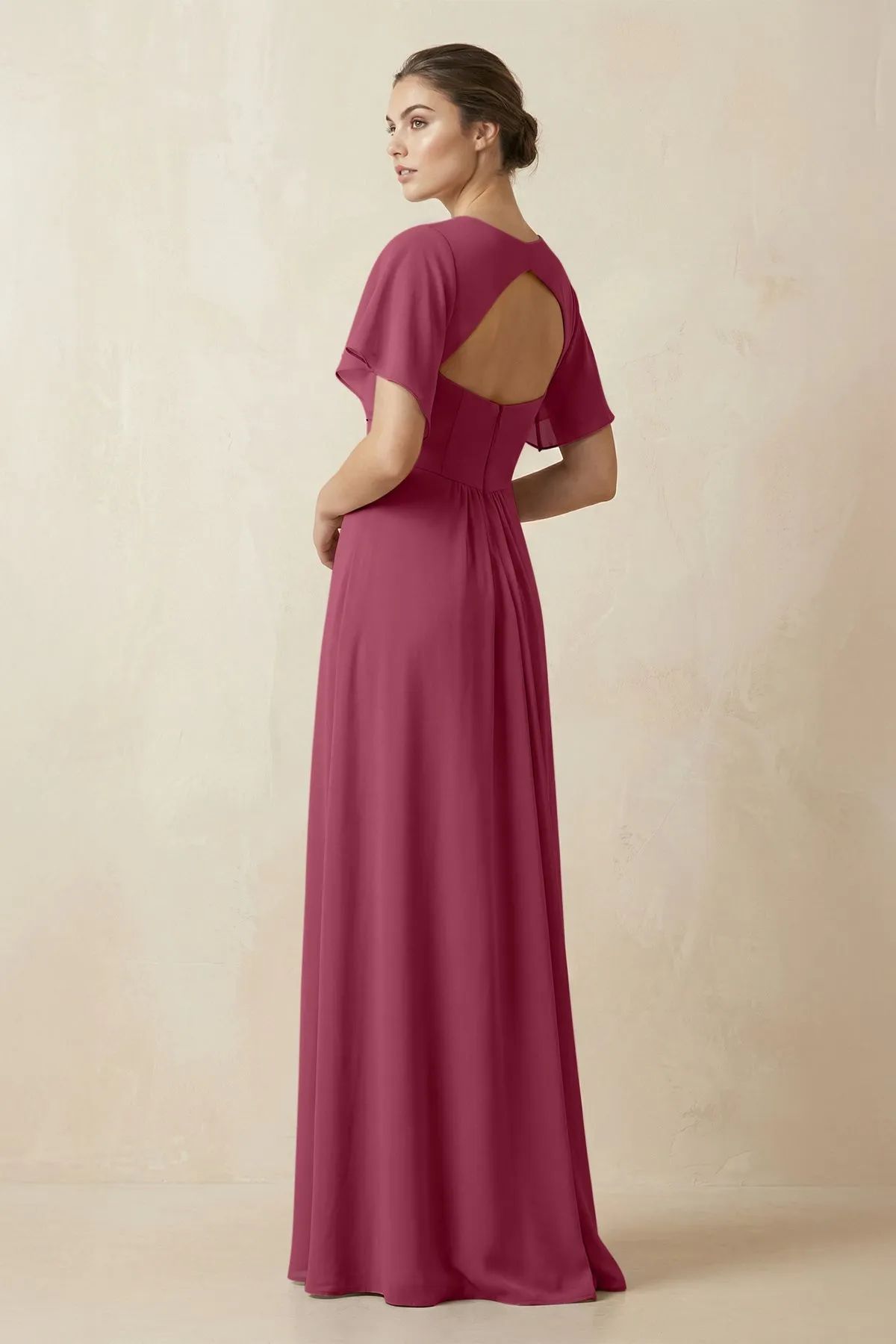 Short Sleeve V-Neck Chiffon A-Line Bridesmaid Dress in Desert Rose sold by KissProm product image thumbnail 2
