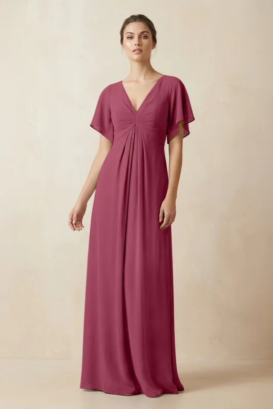 Short Sleeve V-Neck Chiffon A-Line Bridesmaid Dress in Desert Rose made by KissProm
