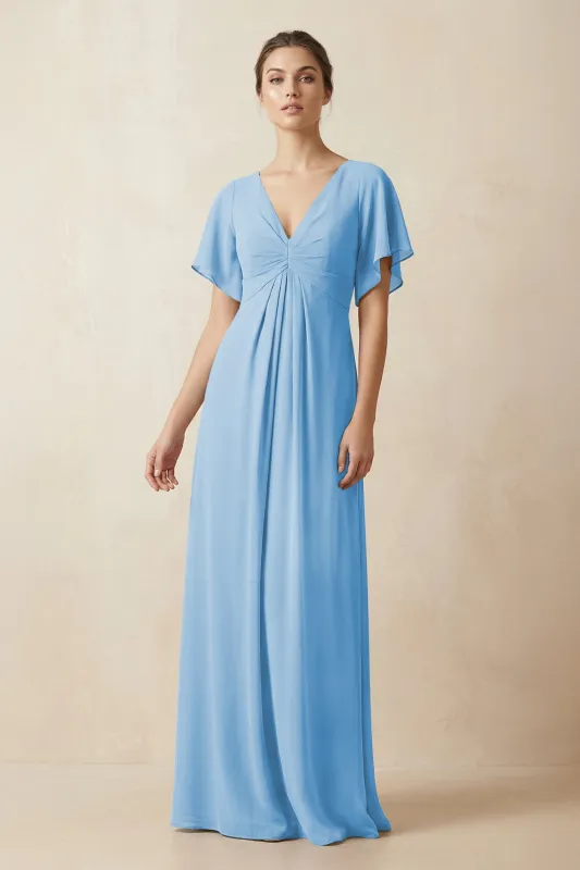 Short Sleeve V-Neck Chiffon A-Line Bridesmaid Dress in Steel Blue made by KissProm