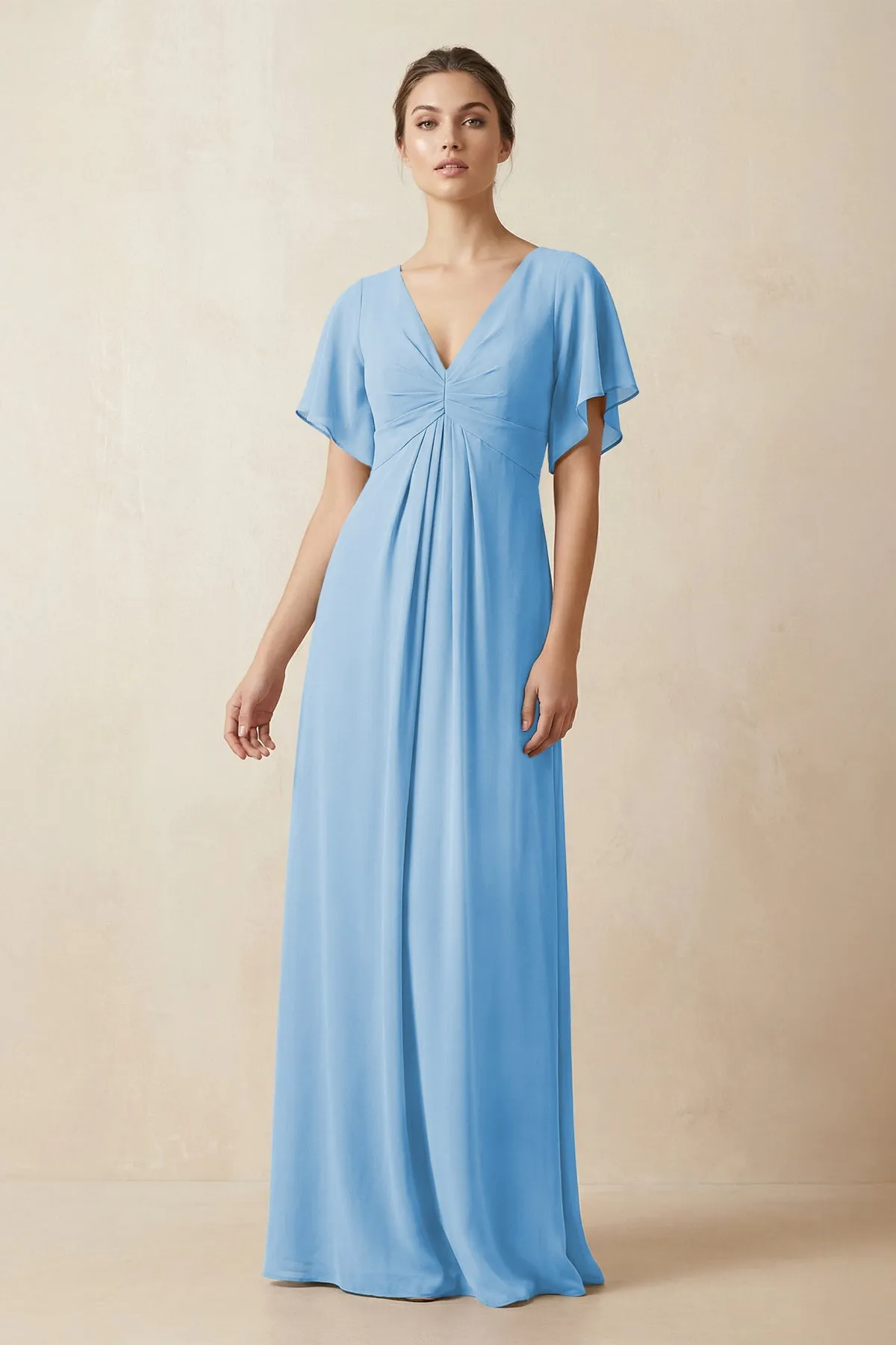 Short Sleeve V-Neck Chiffon A-Line Bridesmaid Dress in Steel Blue sold by KissProm